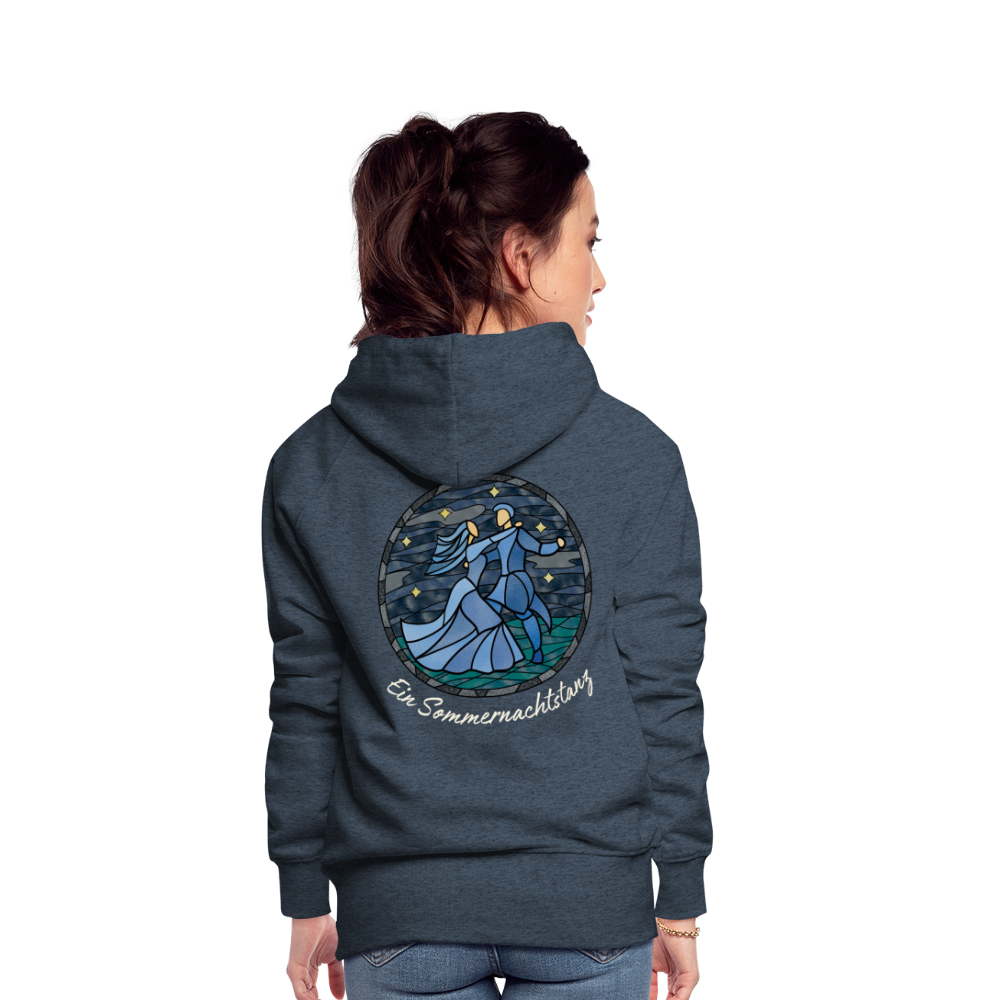 Frauen Premium Hoodie Sommernachtstanz Logo hinten groß mit Schriftzug grauer Rand - Jeansblau