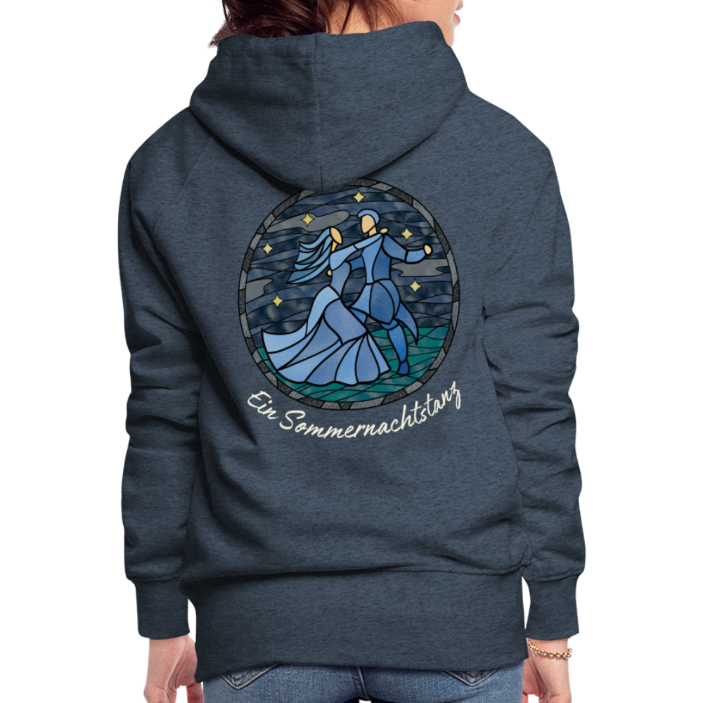 Frauen Premium Hoodie Sommernachtstanz Logo hinten groß mit Schriftzug grauer Rand - Jeansblau