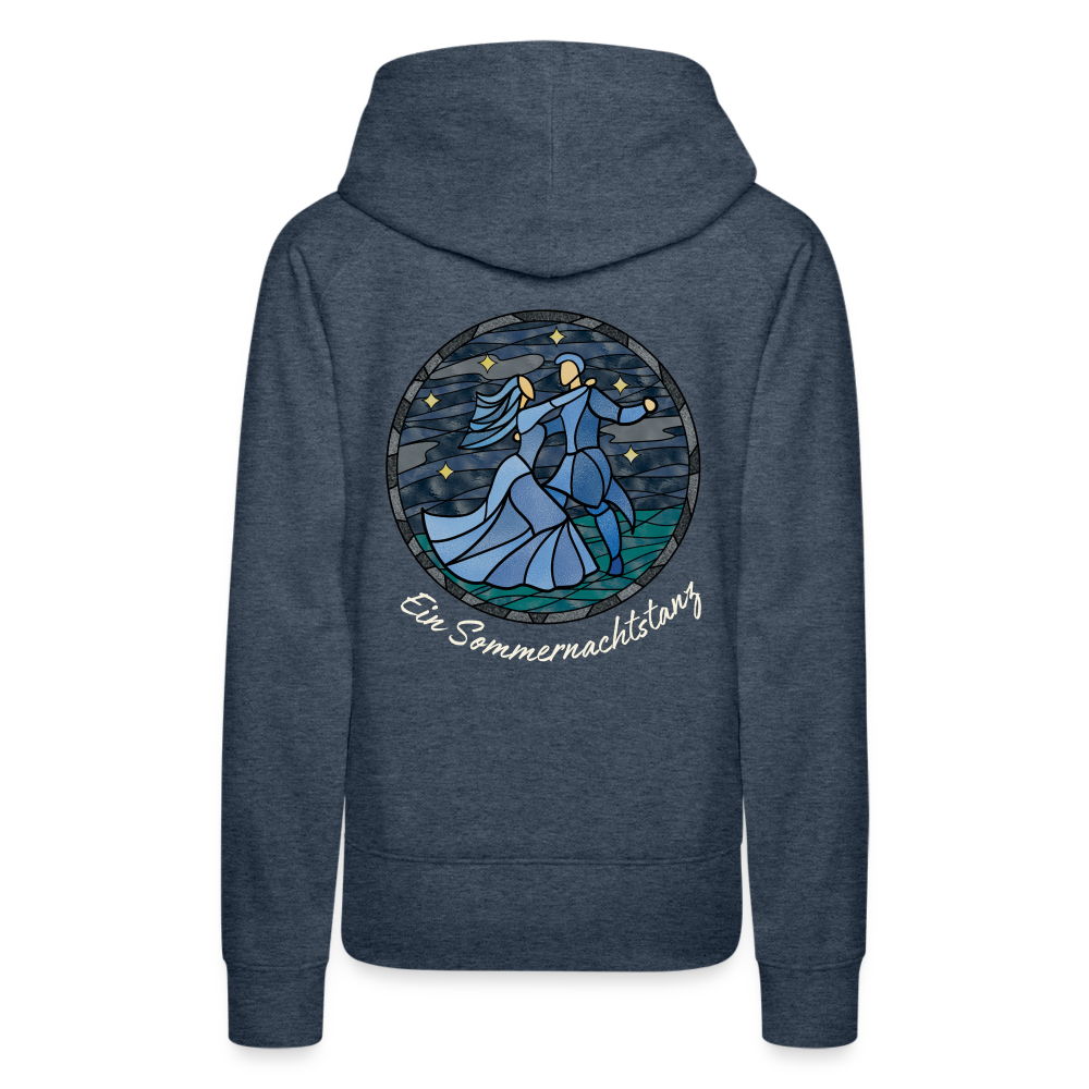 Frauen Premium Hoodie Sommernachtstanz Logo hinten groß mit Schriftzug grauer Rand - Jeansblau